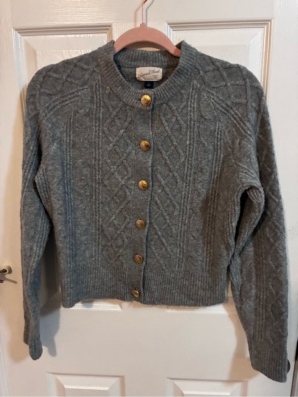 Universal Thread Gray Cable Knit Button-Front Cardigan with Gold Buttons
